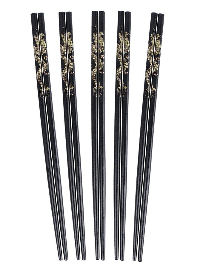 Sakoraware 5 Pairs/10 pcs Reusable Fiberglass Chinese Japanese Chopstick Dragon Black Print Designer, Dishwasher Safe, Round, 9.5 Inch - Image 1